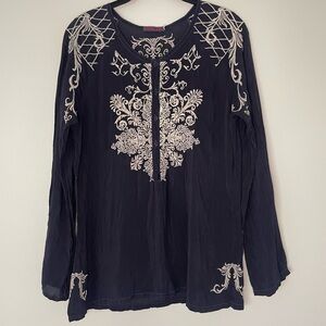 Johnny Was Dark Blue Embroidered Blouse